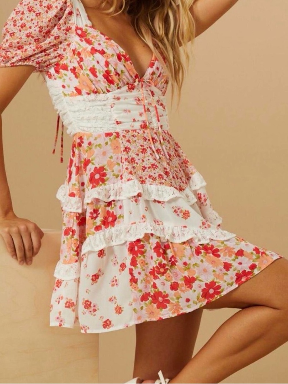 Floral Ruffle Mini Dress - White & Pink
